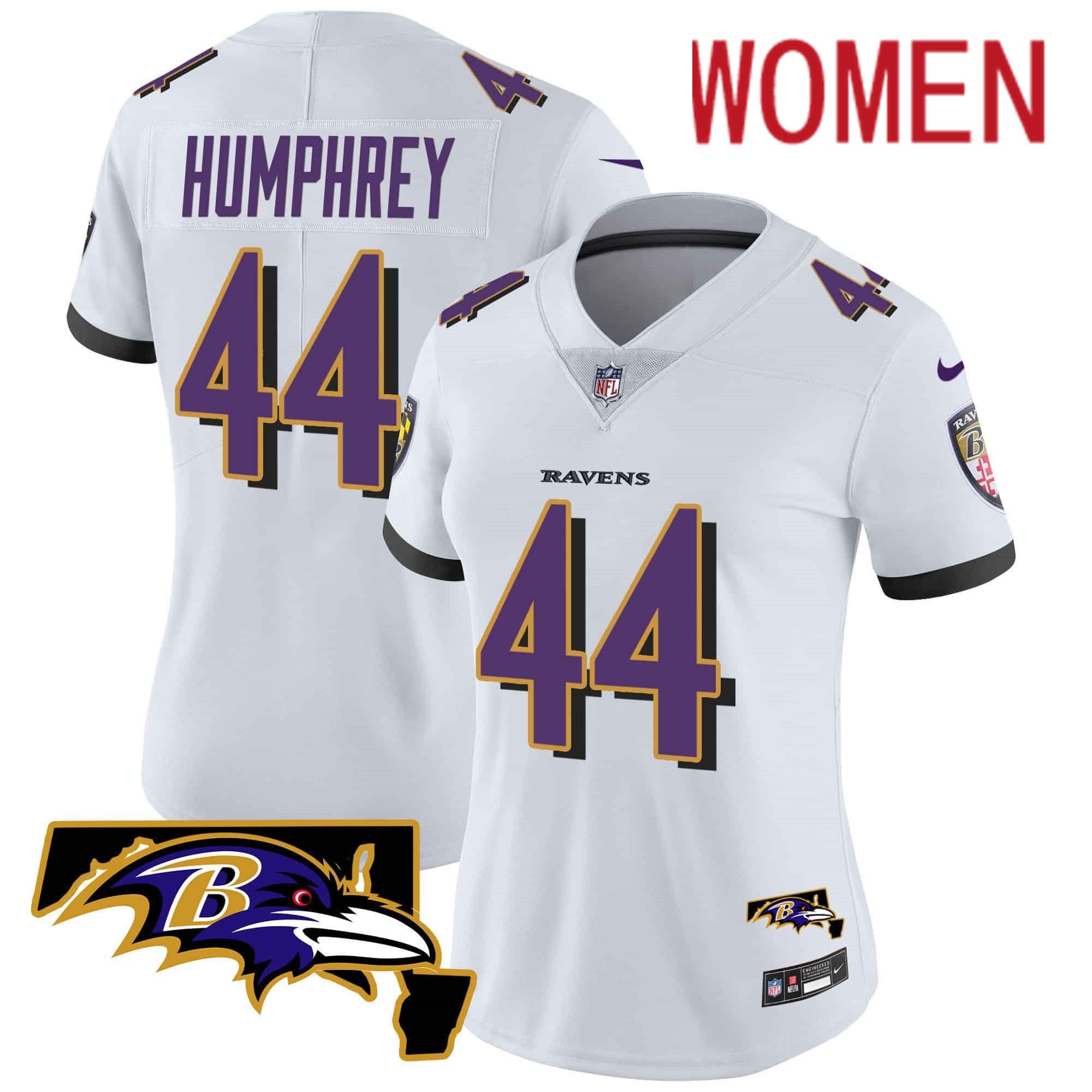 Women Baltimore Ravens 44 Humphrey White 2024 Nike Maryland Patch Vapor Limited NFL Jersey